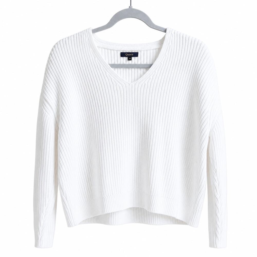 Quince White Fisherman V-neck Relaxed Knit Sweater Women's M Cotton Minimalist